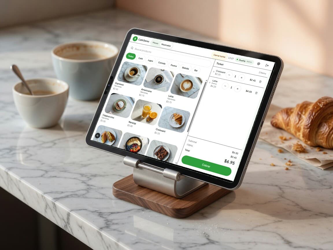 Tableta POSLyte en un café: catálogo con fotos y ticket abierto